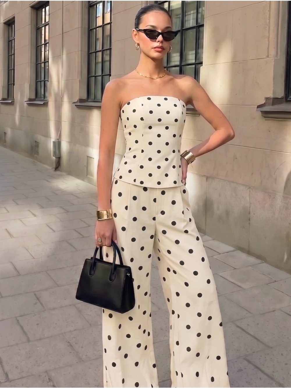 Commense Cream and Black Polka Dot Wide-Leg Jumpsuit